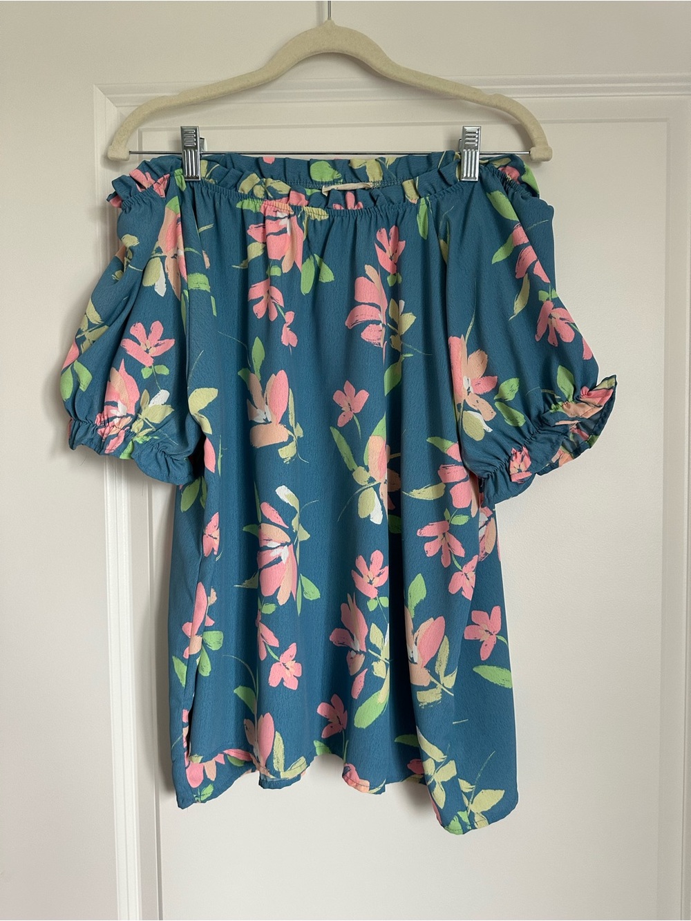 Floral Off-Shoulder Tunic Top in Teal with Pink & Green Print